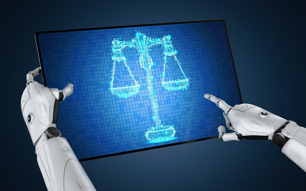 Robôs analisam símbolo da Justiça em tela digital