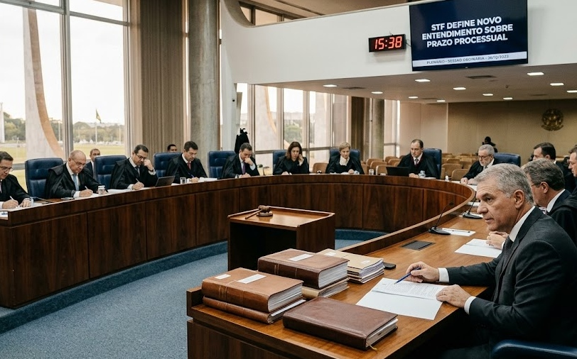 Auditório jurídico com mesa de palestrantes