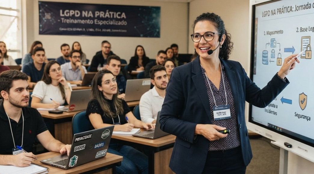Professora conduz workshop jurídico em sala cheia